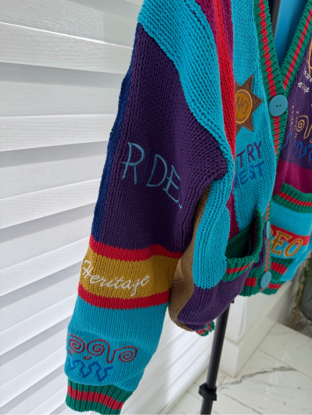 Colorful Patchwork Rodeo Cardigan Sweater - Turquoise & Purple - Picture 7 of 16